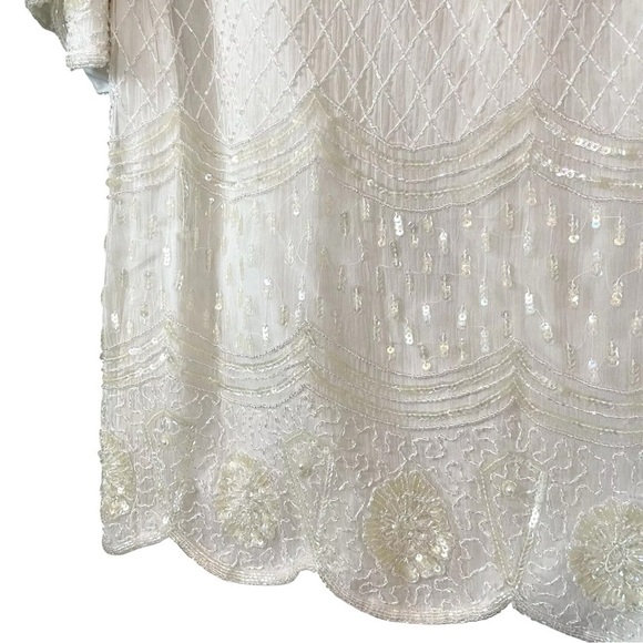 Vtg Stenay Silk Sequined Beaded Pearl Scalloped Formal Top Ivory Cream Size L - Picture 4 of 9